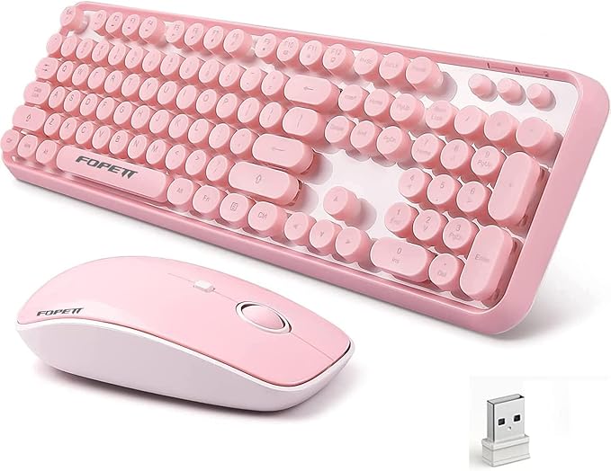 FOPETT Wireless Keyboard and Mouse Combo 104 Keys Full-Sized 2.4 GHz Round Keycap Colorful Keyboards USB Receiver Plug and Play for Windows Mac PC Laptop Desktop (Pink)