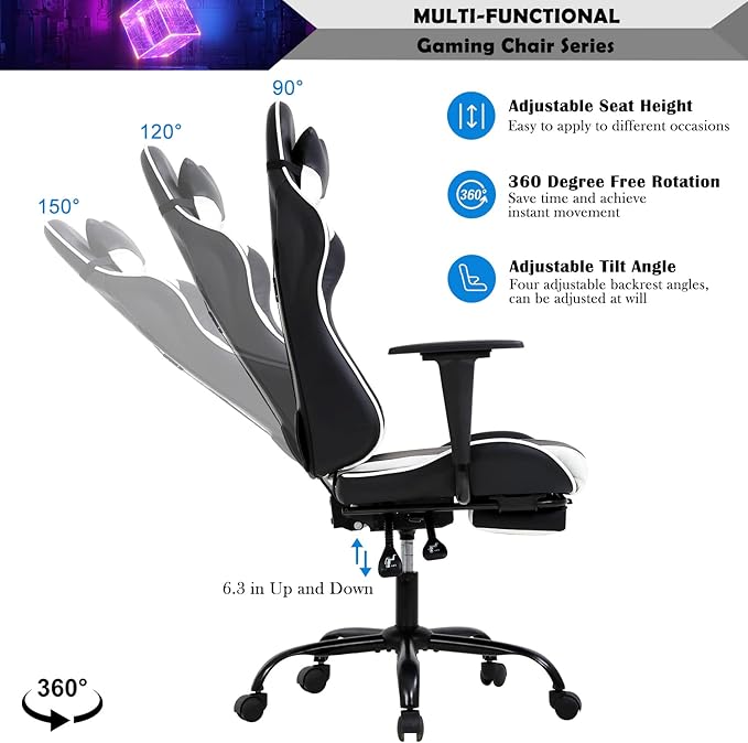 Gaming Chair for Adults with Footrest Racing Chair PC Chair Silla Gamer Chair Racing Gaming Chair Cheap Recliner Game Chair with Headrest Lumbar Support Adjustable Armrest for Kids 8-12