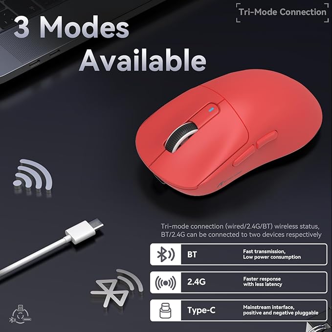 MAMBASNAKE Attack Shark X3 Wireless Gaming Mouse 49g Ultralight PixArt PAW3395 26000 DPI Bluetooth/2.4Ghz /Wired Tri-Mode 200Hrs Rechargeable Battery Kailh GM8.0 Switch for PC/MAC/Win - Red