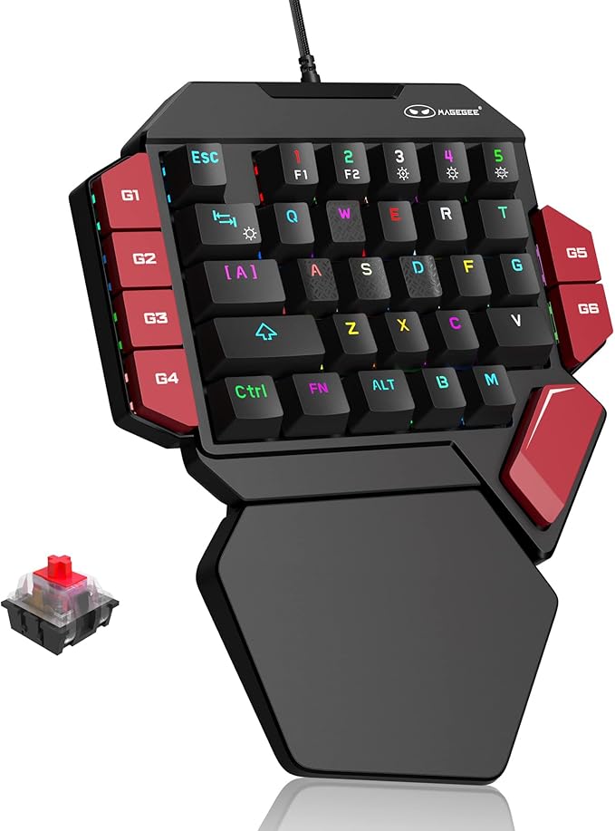 MageGee One Handed Professional Gaming Keyboard RGB Backlit 35 Keys Mini Wired Mechanical Keyboard with Red Switch for PC Gamer Support 6 Macro Keys - Black/Red