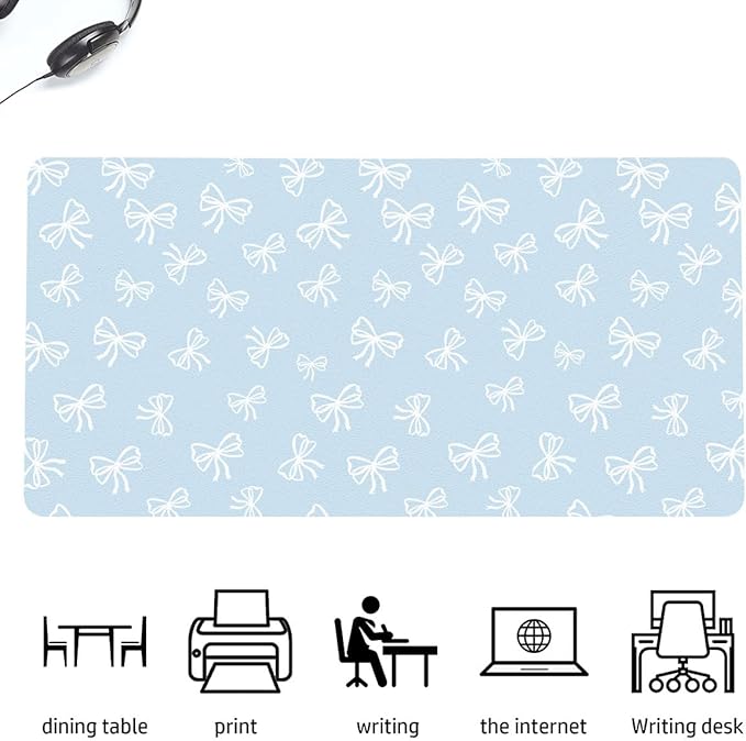 Cute White Bow Blue Extended Gaming Keyboard Mouse Pad Non-Slip Leather Home Office Desk Mat Protector Laptop Desk Pad Writing Pad
