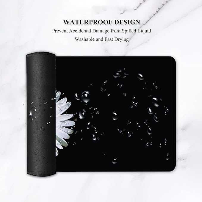 Ergonomic Keyboard Mouse Pad Wrist Rest Support Set Extended Gaming Mouse Pad Large XXL Mousepad + Memory Foam Wrist Rest Waterproof Office Desk Mat Writing Pad White Daisy Flowers Black Mousepad