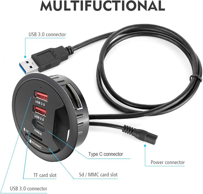 Grommet Desk-Fit USB 3.0 Hub (Diameter 2.36 or 60MM) 2 Port Type-A and 1 Port Type-C with SD/TF Card ReaderCompatible Charging and Data Transmission