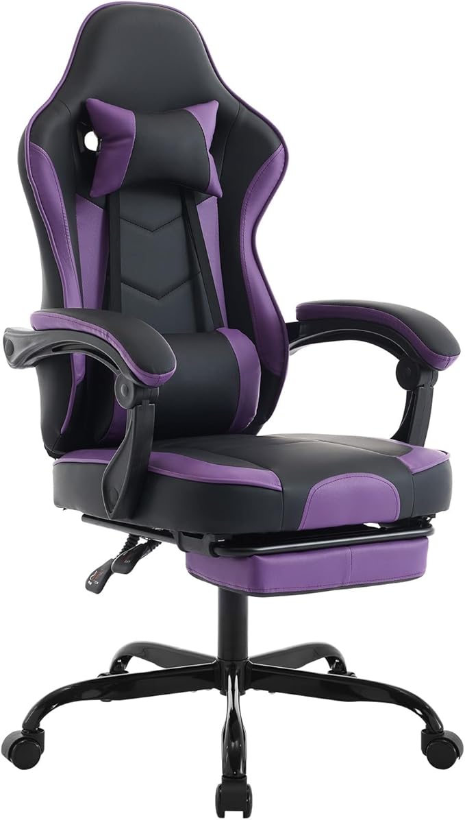 Leather Ergonomic Gaming Chair with Footrest Cute Purple Gaming Chair with Comfortable Headrest &amp Lumbar Support for Adults Women Girls Comfy 300 LBS Capacity (Black+Purple)