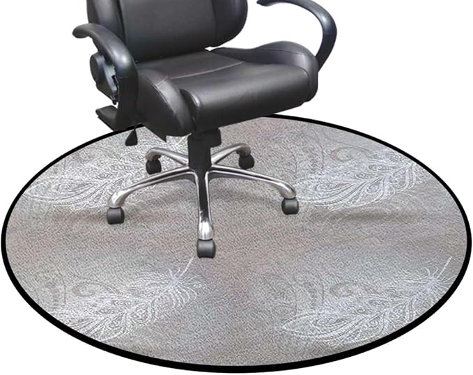 Grey White Round Home Office Computer Hardwood Floor Protector Mat Soft Thick Low Pile Gaming Rolling Desk Chair Mat Carpet Swirled Branches Curved Flower Leaves Diameter 51 in