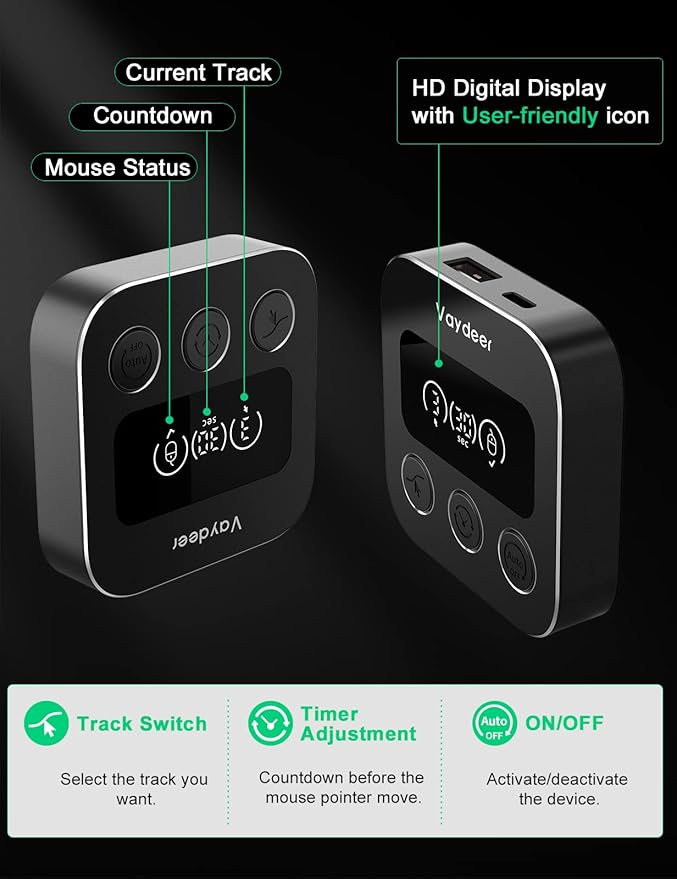 Vaydeer Smart Mouse Jiggler X3 Plus Undetectable Mouse Mover by IT Auto Running When AFK Auto Stop When Mouse in use Plug and Play with LED Display 3 Tracks Undetectable Mouse Shaker Wiggler