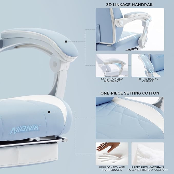 Gaming Chair with Footrest and Massage Lumbar Support Ergonomic Computer Gamer Chair Office Video Game Chairs (Cyan White)