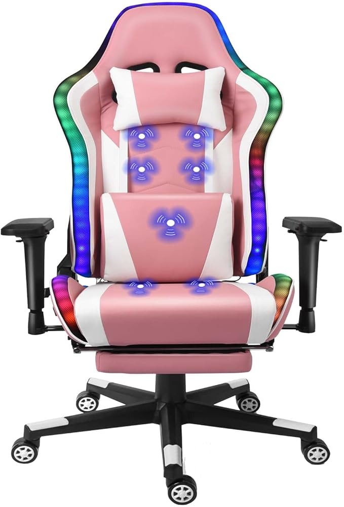 TBQATNTS Adult Computer Chair with FootrestHigh Back Video Gaming ChairErgonomic Video Game Chair with Massagewith Speakers and Led LightsComfortablewith Footrestfor Office Or GamingPink