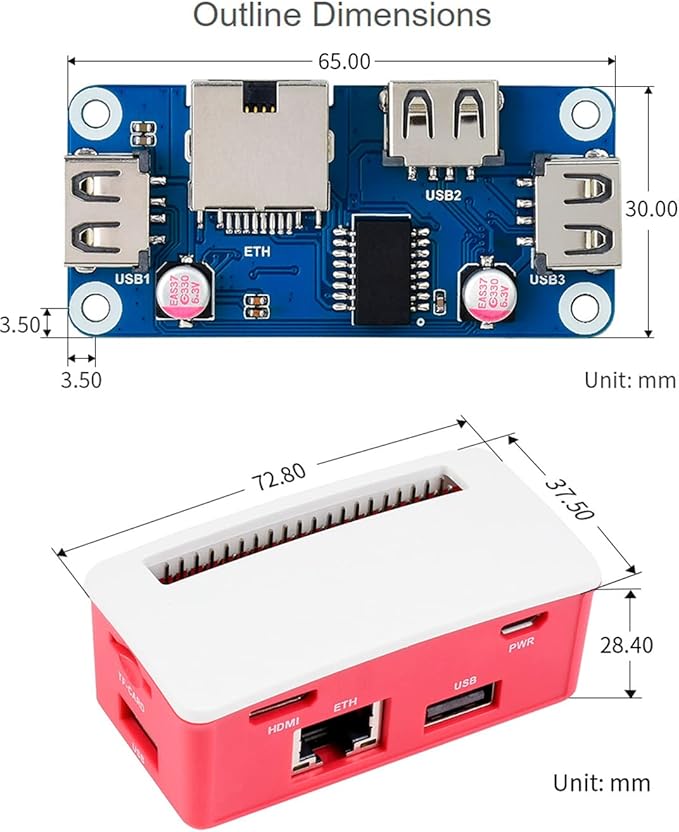Ethernet/USB HUB Box with ABS Case for Raspberry Pi Zero 2W/ 2WH/ Zero W/Zero WH/Zero with 1x RJ45 10/100M Ethernet Port and 3X USB 2.0 Ports Compatible with USB 2.0/1.1