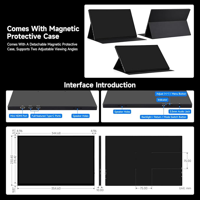 waveshare Luckfox 16inch 2K Portable Touch Monitor with Magnetic Protective Case 2560 × 1600 Resolution HDR 165Hz Refresh Rate IPS Panel Optical Bonding 10-Point Touch