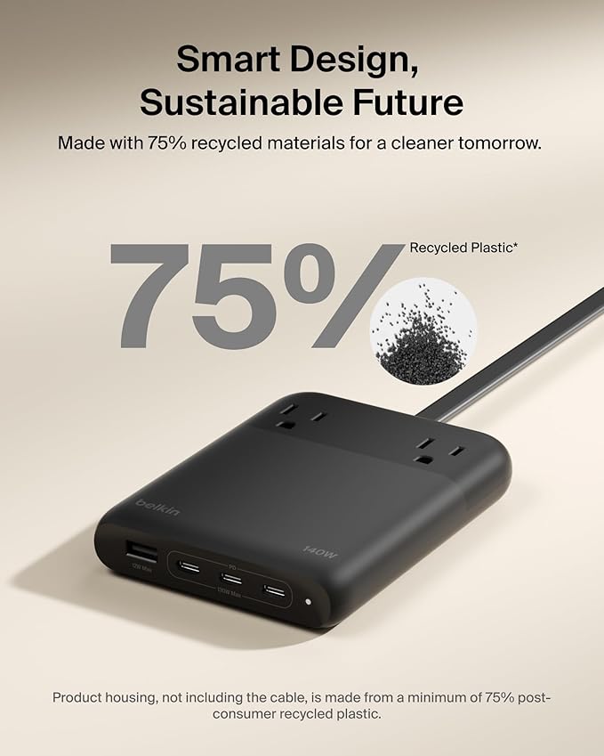 Belkin 2-Outlet GaN Charging Station 140W USB C Charger w/ 2X AC Outlets 3X USB C Ports and 1x USB A Port - Power Strip for iPhone Apple Watch iPad MacBook Chromebook Galaxy Pixel &amp More
