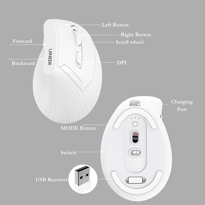Ergonomic MouseWireless MouseBluetooth Vertical Mouse with BT5.0/4.0/2.4G Rechargeable with Battery IndicatorErgonomic Design for Comfort and Reduced Wrist Strain for HomeOffice Use(White)