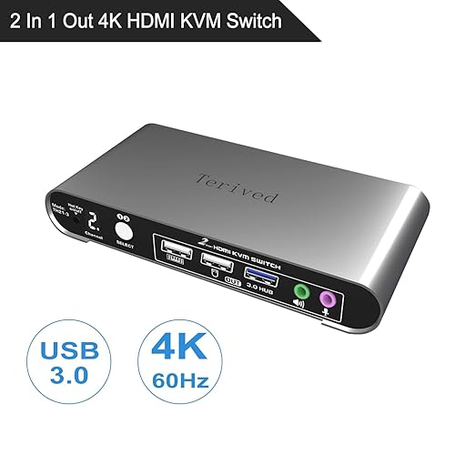 2 Port HDMI USB 3.0 KVM Switch with Aluminum Alloy Shell and Digital DisplayAudio/Microphone 4K@60HzhotkeyAuto EDID HDR10 with Cables