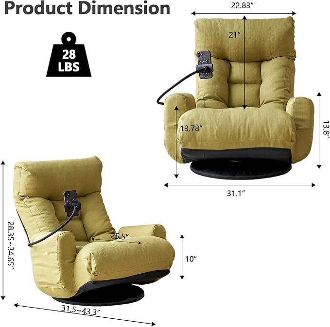 360-Degree Swivel Floor Chair with 5-Position Folding Design Adjustable Headrest Waist Support Armrests and Phone Holder for Living Room (Green+Fine Linen)
