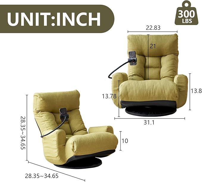 360° Swivel Gaming Floor Chair 5 Position Adjustable Folding Sofa Chair with Armrests &amp Phone Holder Cushion Padded Indoor Chaise Lounge for Adults Home Office Floor Leisure Chairs Green