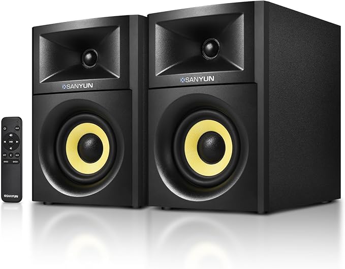Sanyun SW205 80W Powered Bookshelf Speakers with 3D Soundstage | Precision DSP Spatial Audio &amp Geometric Cabinet | 4 Glass Fiber Woofer Optical/Bluetooth 5.4/AUX Wireless Remote (Pair Black)