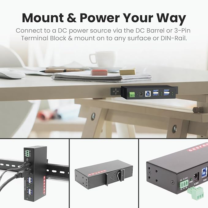 Gearmo 4-Port USB 3.2 Gen 1 Industrial Metal Hub w/15KV ESD Protection