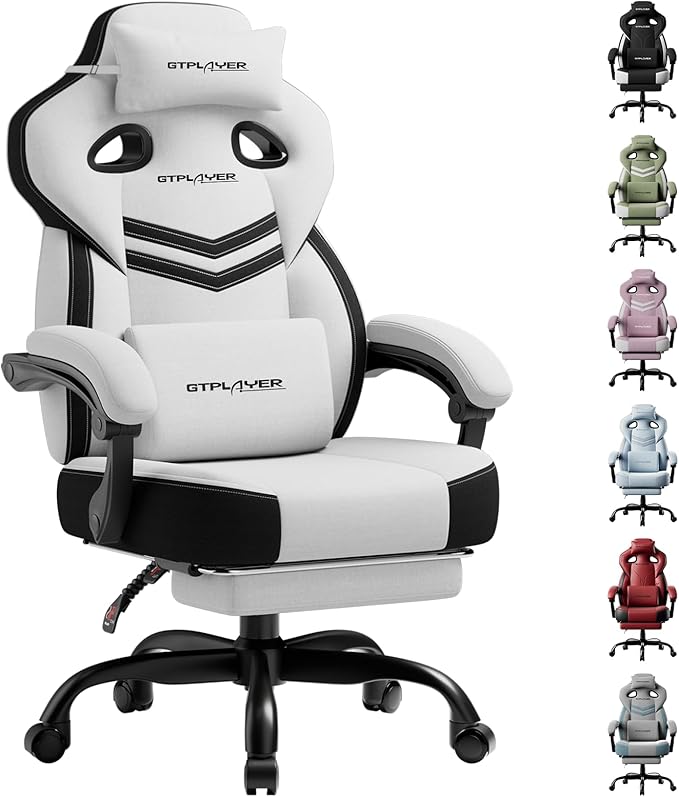 GTPLAYER Gaming Chair Computer Chair with Footrest and Lumbar Support for Adults 360°-Swivel Big &amp Tall Reclining Seat for Office or Gaming (White)