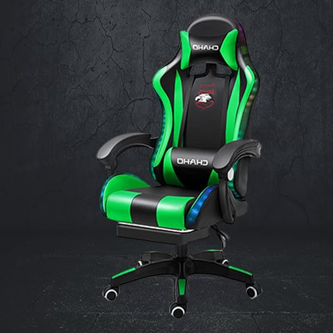 Gaming Chair with footrestGamer Chair with 200lb Capacity for Adults and Teens Racing Style Computer Chair with Headrest and Lumbar Support (GreenColoured Lights)
