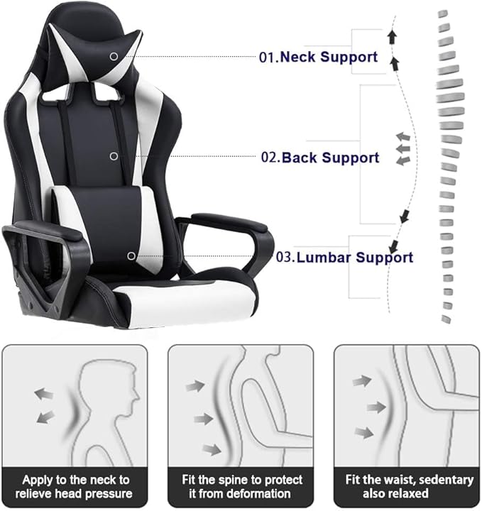 Ergonomic High Back Gaming Chair &amp Office Chair PU Leather &amp Adjustable &amp Easy Assembly &amp BIFMA Certified for Home/Office (Gray) (White)