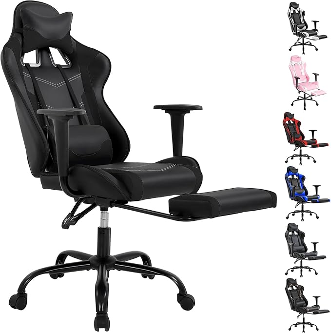 Gaming Chair Ergonomic Office Chairs PU Leather High-Back Computer Chair with Footstool and Lumbar Support360°Swivel Game Chairs with Headrest for Office &amp GamingBlack (Black)