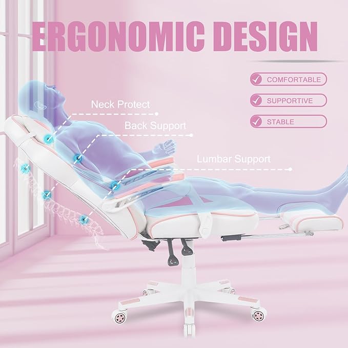 Vonesse Pink Gaming Chair Big and Tall Gaming Chair with Footrest and Massage Gaming Chairs for Adults with Lumbar Support Ergonomic High Back Computer Chair with Pocket Spring Cushion (White/Pink)