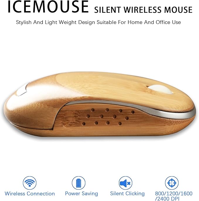 Icemouse Wireless Mouse for Laptop 2.4G Cordless Portable Computer Bamboo Mice Silent Clicking with 4 Adjustable DPI for PC Notebook Desktop MacBook with USB Ports