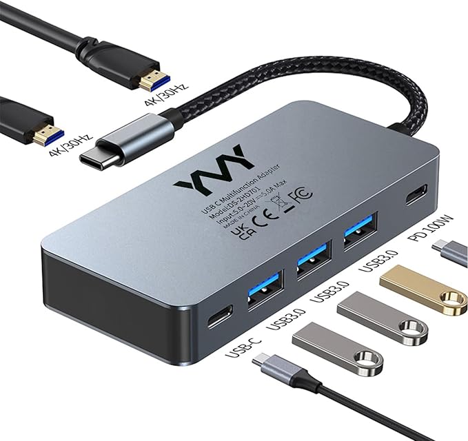 USB C to Dual HDMI Docking Station USB C to Dual HDMI(4K@30Hz) Multiport Adapter Type C Hub with 2 HD Monitors 100W PD All in one for Dell HP MacBook Laptop (7 in 1 2HDMI+3USB3.0