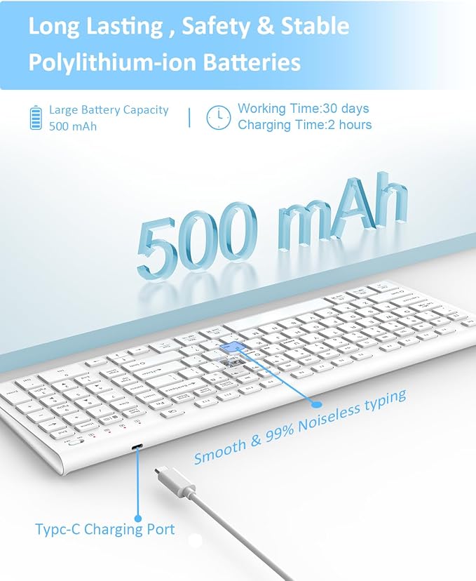 FENIFOX Wireless Keyboard Bluetooth &amp 2.4G USB &amp USB-C Rechargeable Silent Ultra Quiet Low Profile Compact Full Size with Number Pad Soft Multi Device for Mac MacBook Windows PC - White