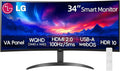 LG 34 Inch WQHD (3440x1440) Curved Smart Monitor 100Hz 5ms HDR10 webOS 23 Screen Share Built-in Speakers AirPlay 2 Flicker Free Includes Wireless Screen Mirroring HDMI USB-ABlack