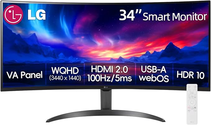 LG 34 Inch WQHD (3440x1440) Curved Smart Monitor 100Hz 5ms HDR10 webOS 23 Screen Share Built-in Speakers AirPlay 2 Flicker Free Includes Wireless Screen Mirroring HDMI USB-ABlack