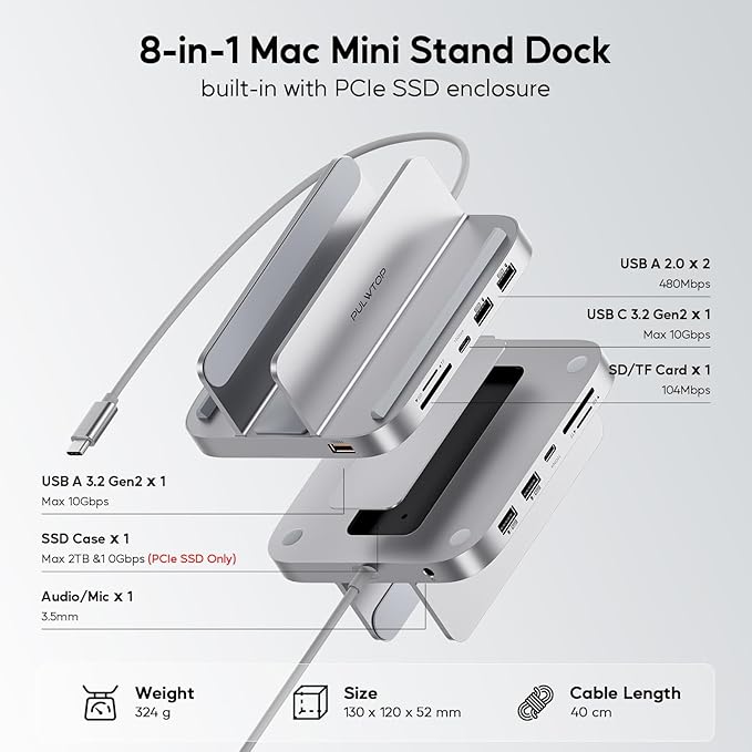 Mac mini Hub M1 M2 with M.2 SSD Enclosure (NOT for M4 2024) 8-in-1 Vertical Mac mini Dock Stand with USB A/C 3.2 10Gbps 2 x USB A 2.0 SD/TF Slots 3.5mm Audio Mic Jack