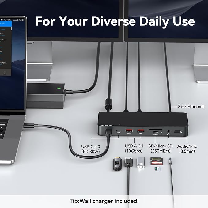 MOKiN Thunderbolt 4 Dock with 85W Charging Laptops Docking Station Dual Monitor for MacBook 3X TB4 Ports 40Gbp/s 2.5GbE EthernetUSB A 3.1Audio SD Compatible for Thunderbolt 3/4 Mac/PC