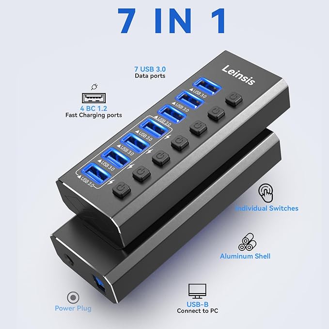 Powered USB Hub 3.0 Leinsis 7-Port USB 3.0 Hub [Durable Aluminum] 7 Data Transfer Ports+ 4 Smart Charging Ports with Individual On/Off Switches USB Hub 3.0 Powered with Power Adapter for Laptop PC
