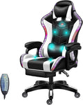 Gaming Chair with Speakers LED Video Game Chair with Footrest Ergonomic Game Chair with Full Massage Lumbar Support Backrest Adjustable Reclining Gamer Chairs for AdultsWhite