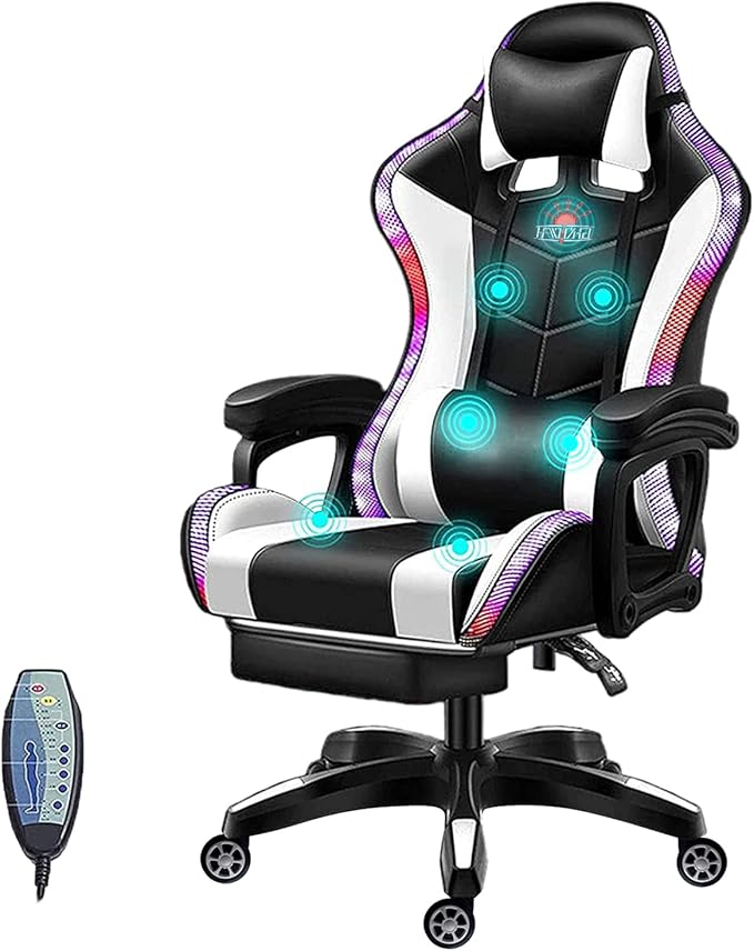 Gaming Chair with Speakers LED Video Game Chair with Footrest Ergonomic Game Chair with Full Massage Lumbar Support Backrest Adjustable Reclining Gamer Chairs for AdultsWhite