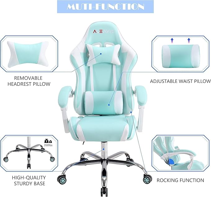 ALEAVIC Gaming Chair with Massager Fabric Gaming Chairs for Adults Ergonomic Gamer Chair with Adjustable Headrest and Lumbar Support Reclining Computer Game Chair High Back Light Blue