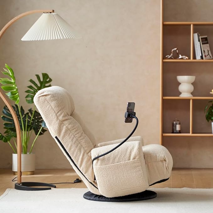 360 Degree Swivel Floor Chair with Adjustable Headrest &amp Backrest Folding Floor Gaming Chair with Phone Holder &amp Built-in Spring Seat Bag for Home Office 5 Adjustable Position Beige