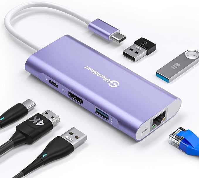 UtechSmart USB C Hub Ethernet Multiport Adapter 6 In 1 USB C to HDMI Dock Compatible for Macbook Pro/Air Chromebook Dell XPS HP and Type C Devices (Gigabit Ethernet 100W PD 4K HDMI USB 3.0) Purple