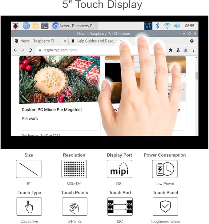 Waveshare 5 Inch Touch Screen for Raspberry Pi DSI LCD Screen Monitor 800×480 Display for Raspberry Pi 4B 3B+ 3A+ 3B 2B B+ A+ CM3/3+ Compatible with Raspbian Ubuntu Kali WIN10 IoT RetroPie