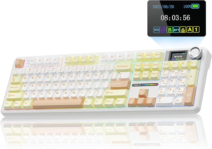 AULA F108 PRO - Wireless Mechanical Keyboard with Screen&ampKnobHot Swappable Gaming Keyboard with 8000mAh BatteryPre-lubed SwitchesRGB BacklitPBT Keycaps Creamy Sounding Computer Keyboards104 K