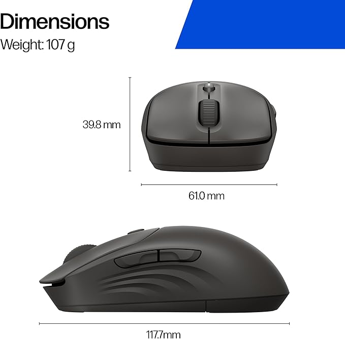 HP 400 Quiet Wireless Mouse Dual Bluetooth &amp 2.4GHz Soft Silicone Quiet Clicks Microsoft Wheel 24-Month Battery 6000 DPI Ambidextrous Eco-Friendly Design Multi-OS Black