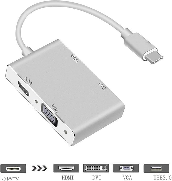 USB C to VGA HDMI DVI USB3.0 Adapter 4 in 1 USB3.1 Type-C Hub Male to Female Multi-Display Video Converter for Mac Pro MacBook Air iPad Pro XPS and More