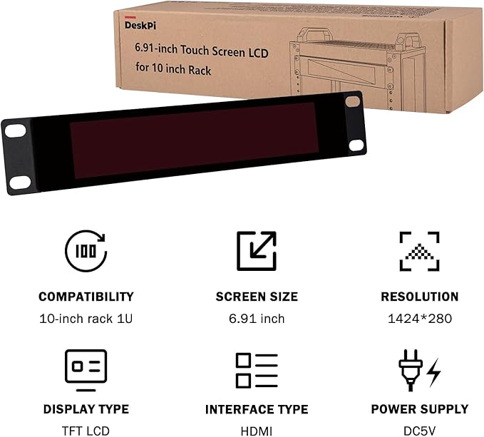 GeeekPi 6.91 inch 1424x280 LCD Touch Screen 1U Rack Mount Monitor for DeskPi RackMate T0/T1/T2/T0 Plus/T1 Plus/TL1 Server Cabinet and 10 inch Server Rack
