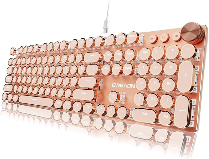 EWEADN Typewriter Style Mechanical Keyboard Wired Typewriter Keyboard104 Keys Retro Typewriter Keyboards Media Control Knob Wired Computer Keyboard Pink Switch for Windows/Mac/PC-Pink