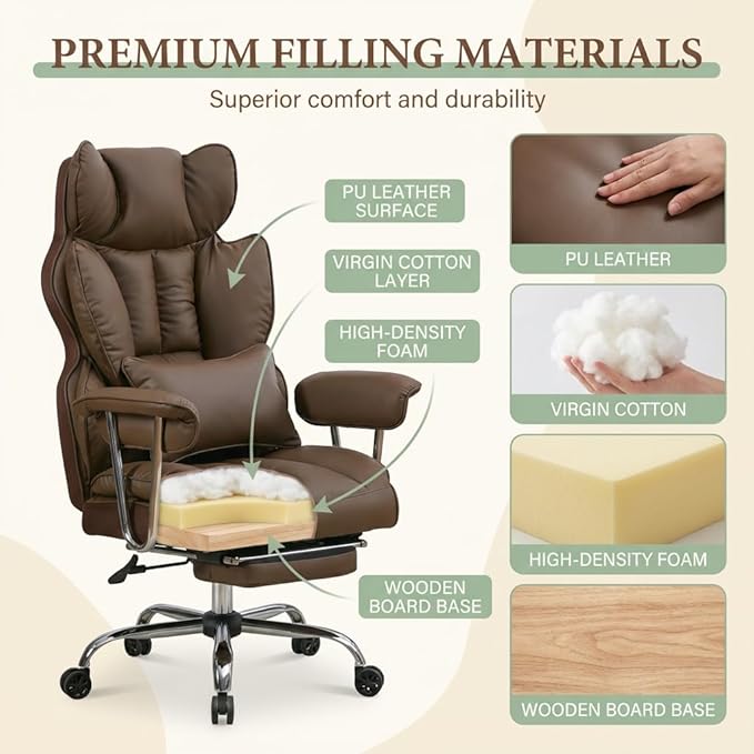 Big and Tall Office Chair 400lbs - Heavy Duty Executive Desk Chair with Footrest High Back PU Leather Ergonomic Computer Chair with Extra Wide Seat &amp Thick Cushion for Home Office (Brown)
