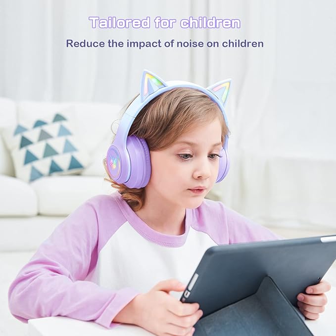 Bluetooth Cat Ear Headphones for Kids &amp Adults Wireless &amp Wired Mode Foldable Headset with Mic - Clear Sound Quality - RGB LED Light for Girls School Gaming for Phone/Laptop/PC/Tablet Purp