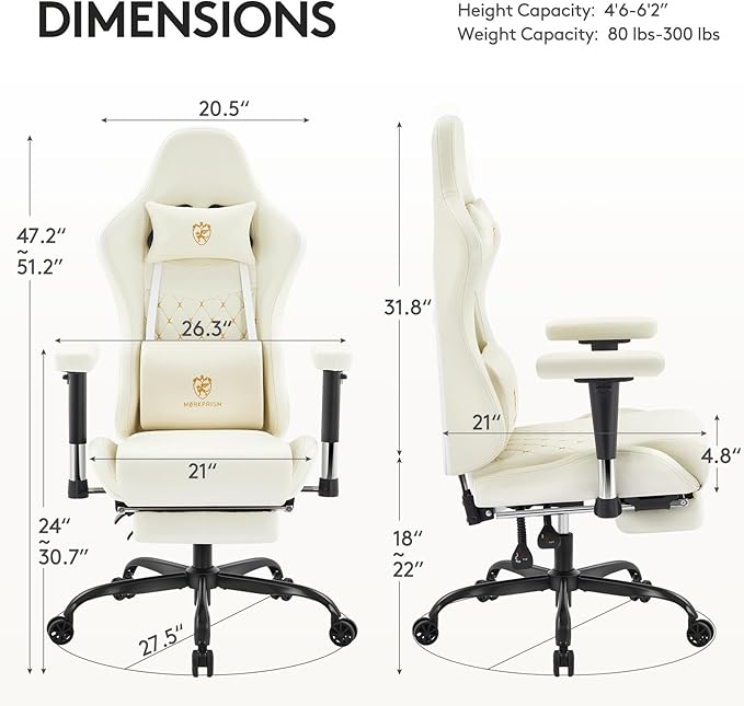 Gaming ChairComputer Office Chair with FootrestMassage Lumbar Support and Gel PadErgonomic Reclining Leather Gamer Chair with HeadrestAdjustable Armrests and Spring Cushion Ivory