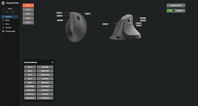 Keychron M5 Wireless Ergonomic Mouse 8000Hz Tri-Mode 2.4 GHz/Bluetooth 5.1/Wired PixArt 3950 Sensor 30000 DPI Ergonomic Lightweight Programmable Macro Button for Windows PC/Mac - Black