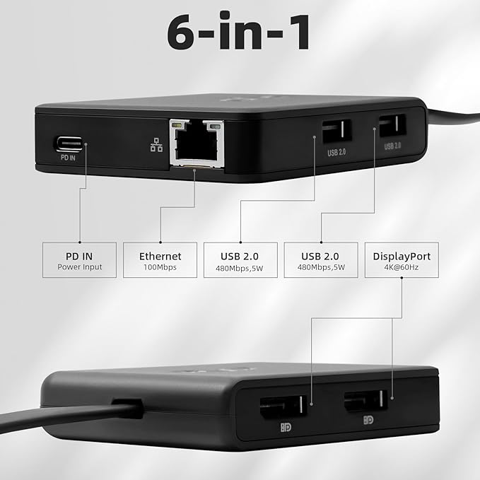 RVP+ USB C Docking Station Dual Monitor 6-in-1 100W Laptop-Charging DisplayPort Multi-Stream Transport (MST) Ethernet Compatible with Thunderbolt 3 Laptop (RVP-601)